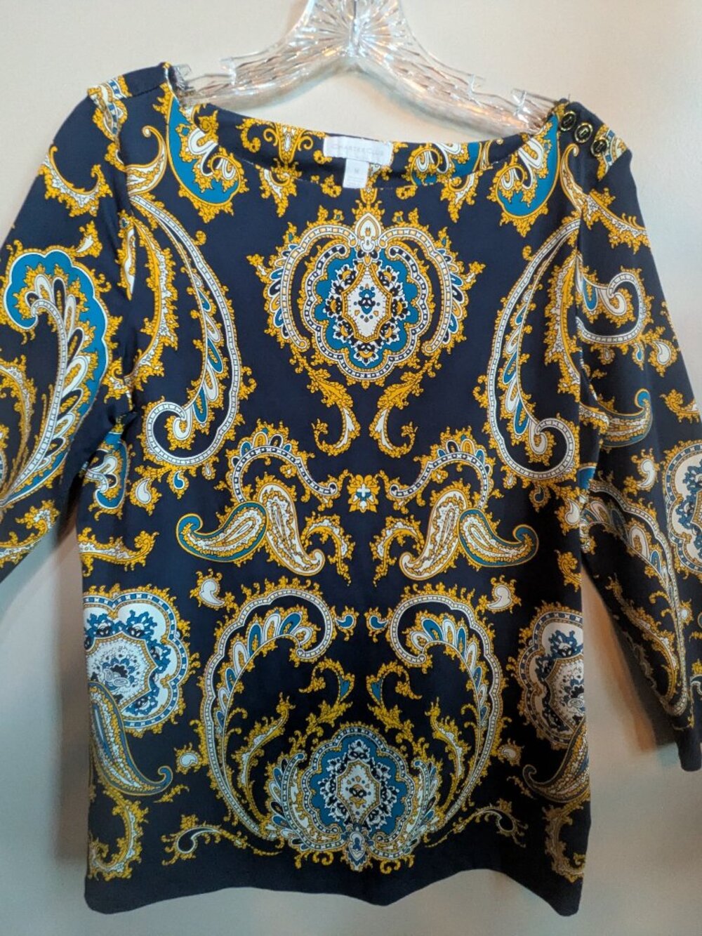 Charter club navy long sleeve blouse gold green white paisley size M #765
